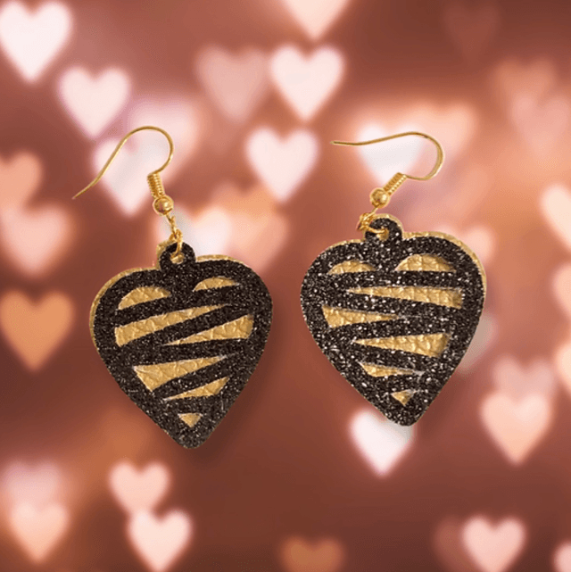 Gold & Black Faux Leather Heart Earrings 