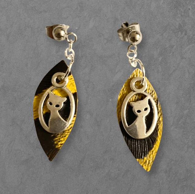 Cat Portrait Faux Leather Earrings (Yellow)