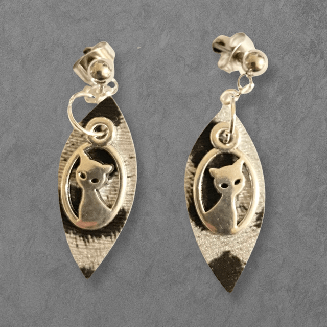 Cat Portrait Faux Leather Earrings (Silver)
