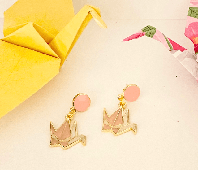 Pink Origami Crane Earrings 