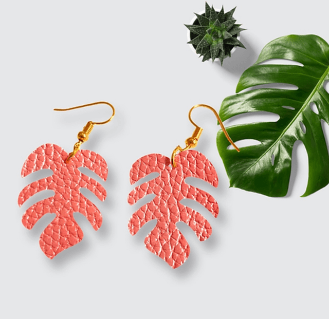 Pink Faux Leather Monstera Earrings 