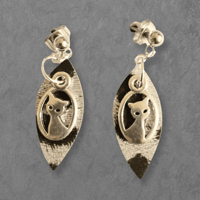 Cat Portrait Faux Leather Earrings (Silver)